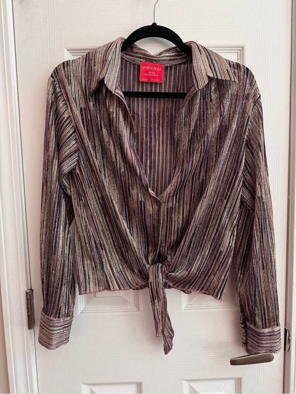 VANITA ROSA Atelier Metallic Stripe Tie Front 2 Button Multicolored Blouse